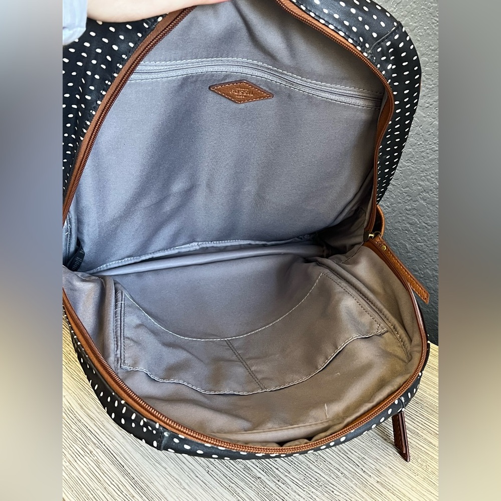 Fossil Black and White Polka Dot Backpack with Brown Accents - Picture 5 of 14